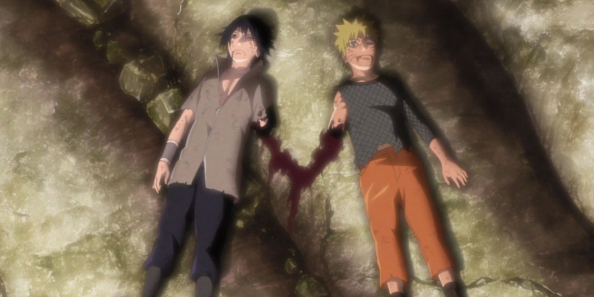 Sasuke and Naruto lay on the ground after their fight, missing limbs, inNaruto Shippuden The Unison Sign Episode 478