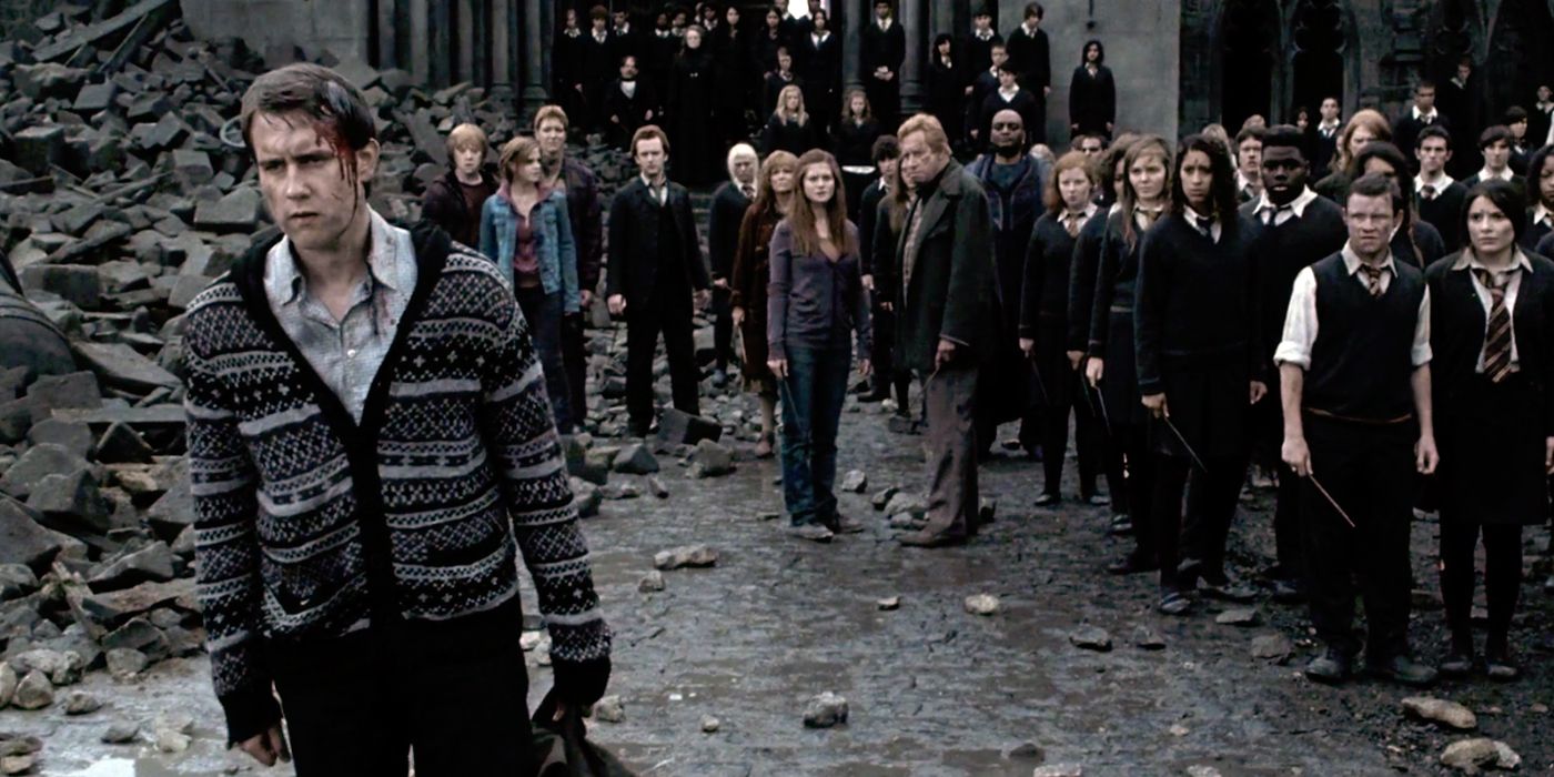 Neville with a crowd behind him in Harry Potter and the Deathly Hallows part 2.