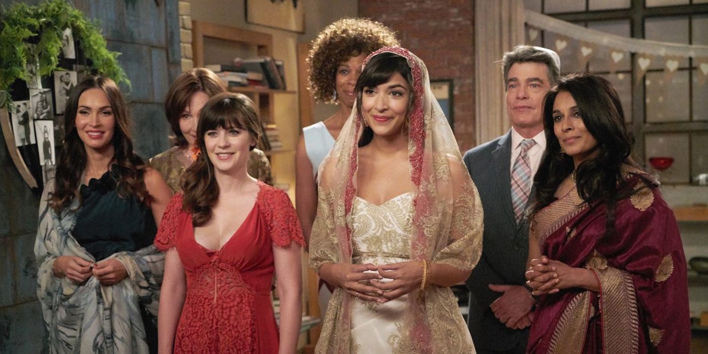 Regan, Jess, and Cece with supporting cast members on the day of Cece's wedding to Schmidt in the New Girl season five finale