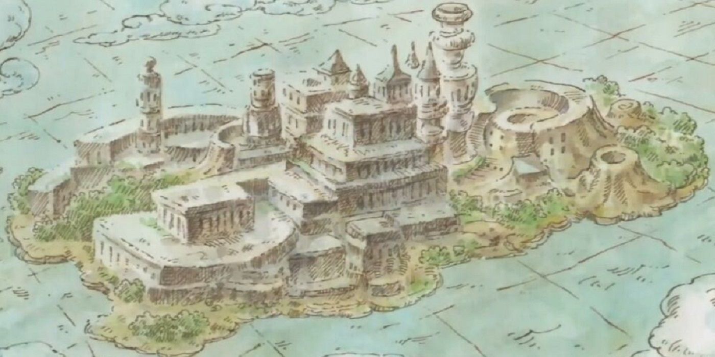 The ancient kingdom from a bird's eye view as seen in the Ohara flashback in One Piece