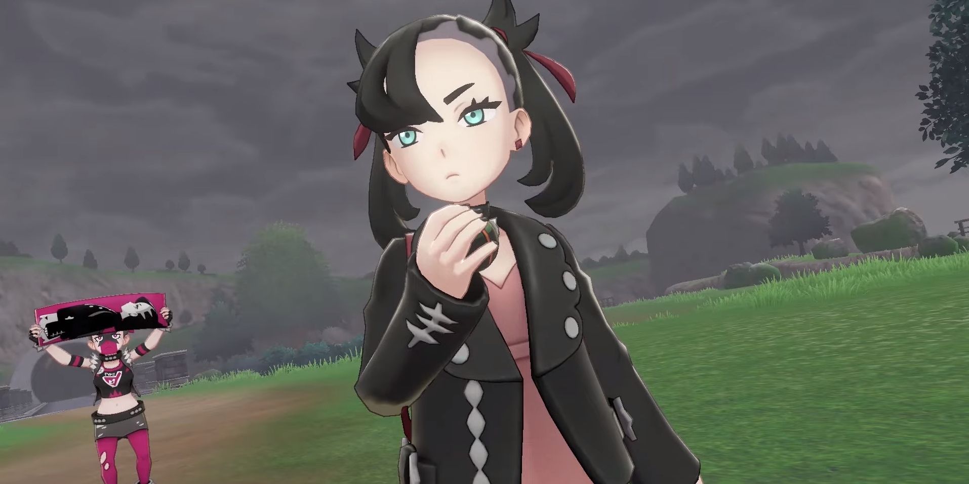 Marnie about to throw a Pokéball in Pokemon Sword and Shield