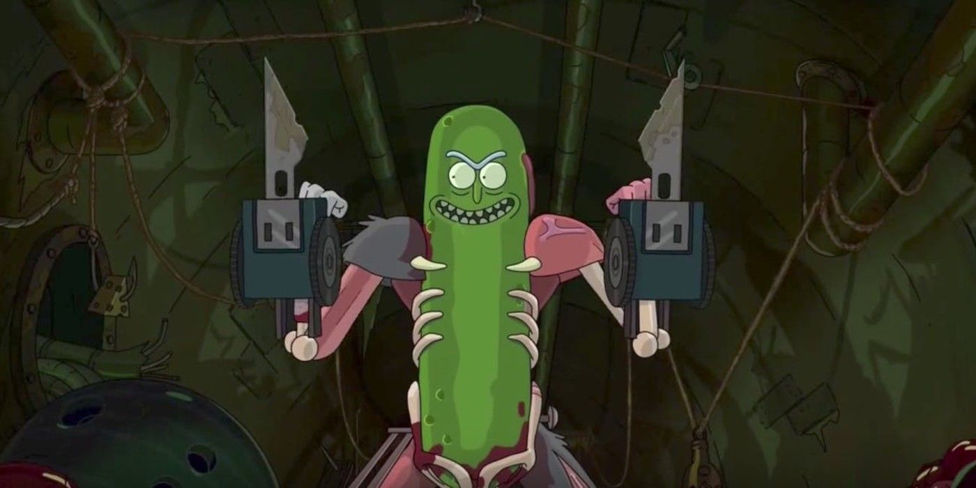 Pickle Rick holding knives.