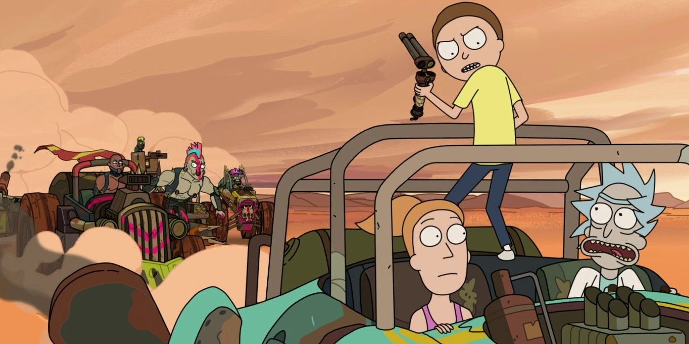 Rick, Morty and Summer drive in a Mad Max car