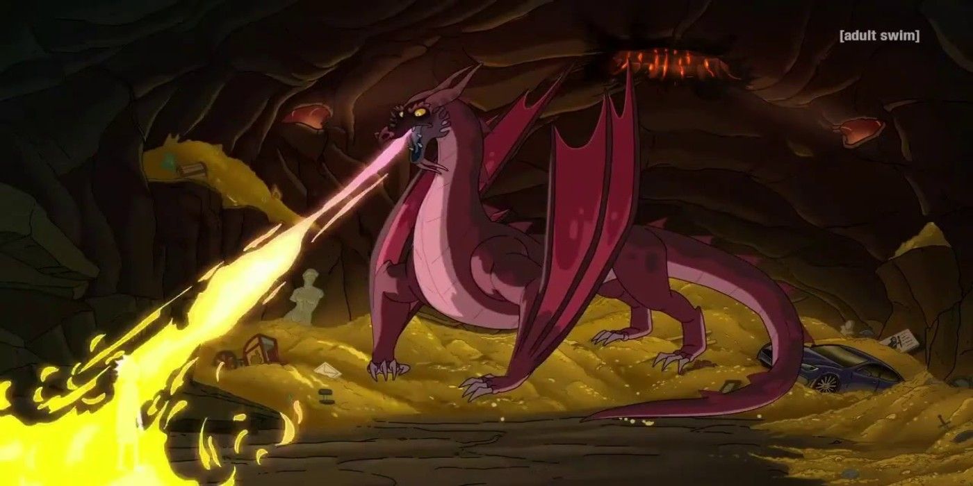 A dragon blowing fire in Rick and Morty.