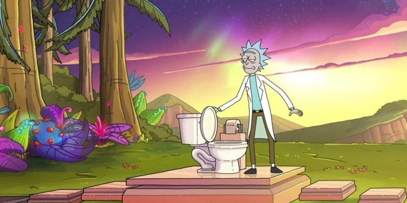 Rick uses his secret toilet in Rick and Morty