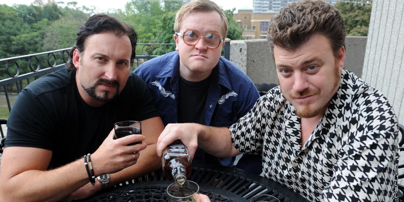 Ricky Bubbles and Julian looking in the camera and pouring a drink in Trailer Park Boys
