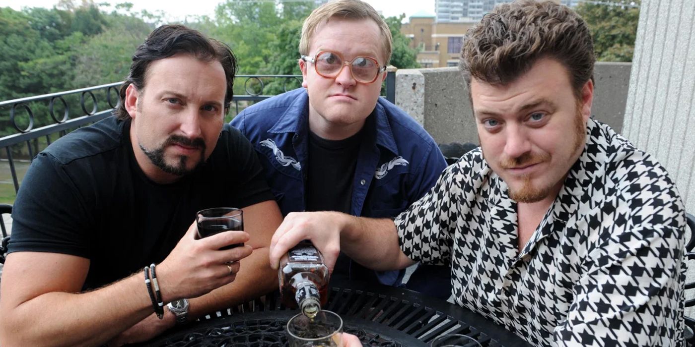 Ricky (Robb Wells), Bubbles (Mike Smith) and Julian (John Paul Tremblay) looking in the camera and pouring a drink in Trailer Park Boys