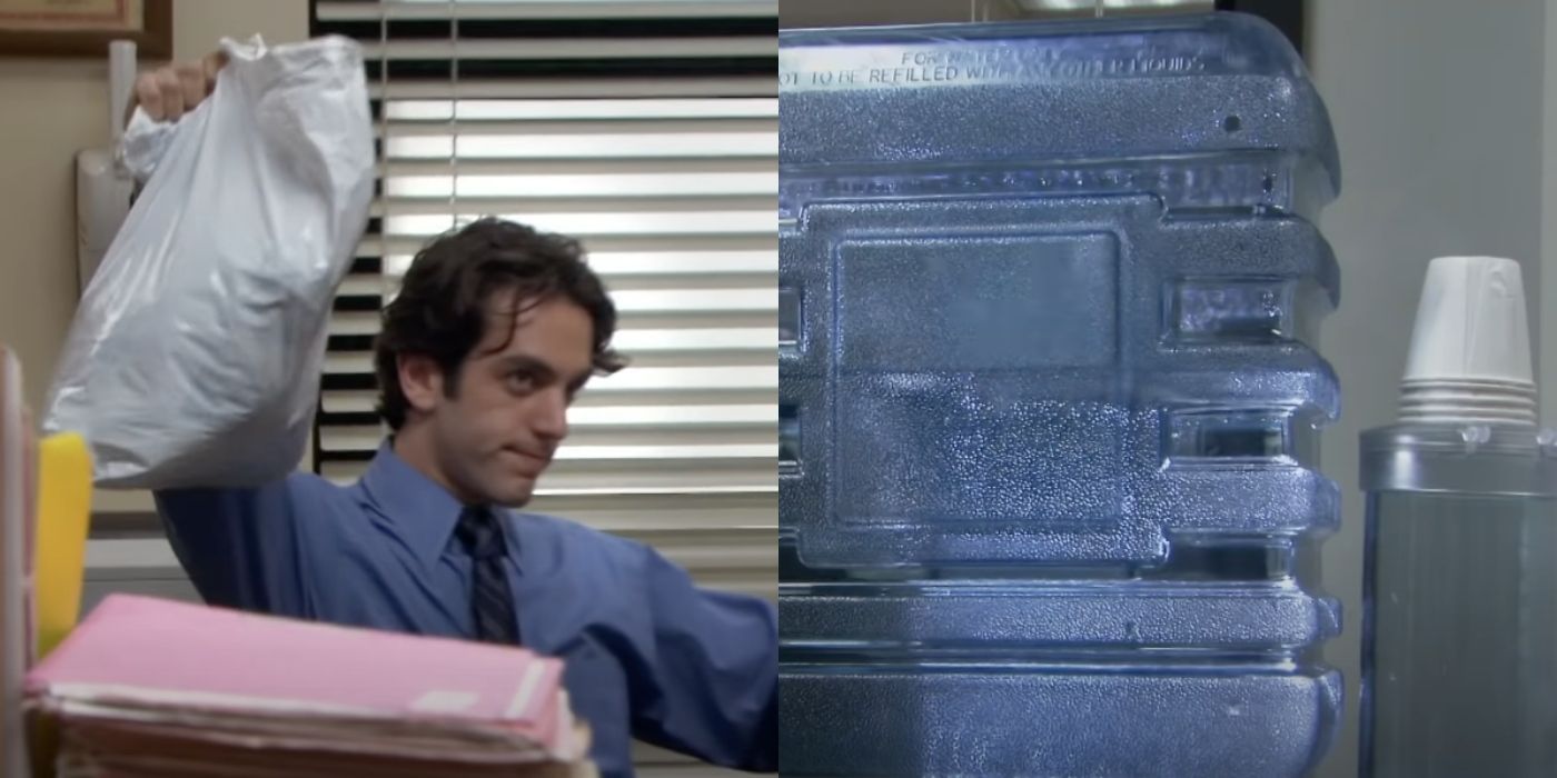 Ryan holding a bag up at the camera in The Office intro