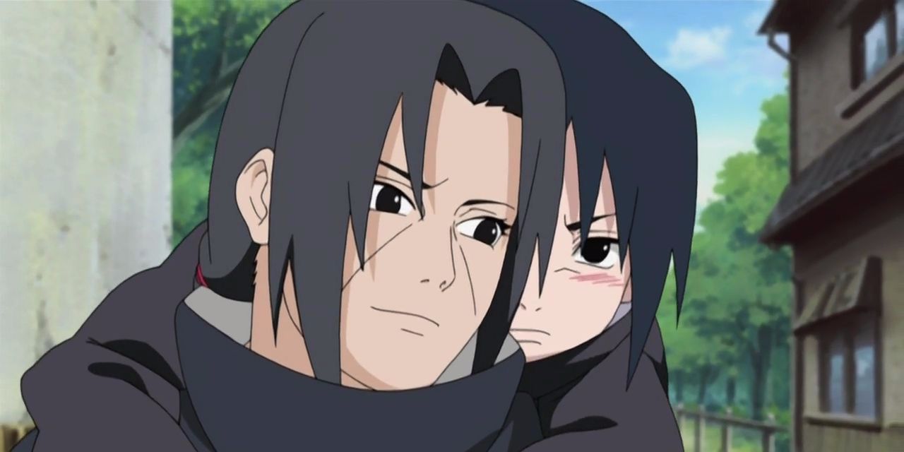 Sasuke and Itachi hug each other in Naruto.