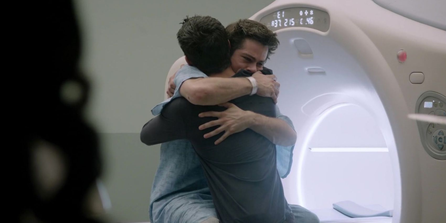 Scott hugs Stiles before an MRI in Teen Wolf