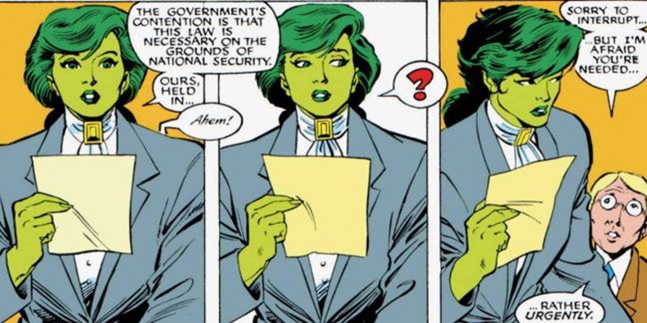 Um painel de Jennifer Walters na corte nos quadrinhos da Mulher-Hulk.