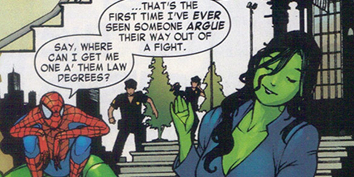 Spider-Man and She-Hulk talking in the comics.