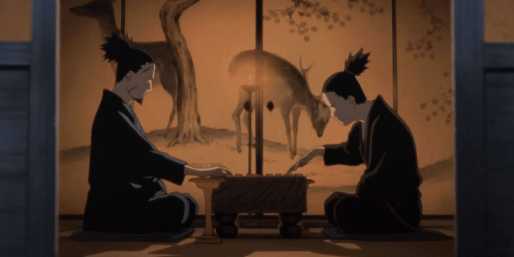 Shikaku and Shikadau sit on the floor to play a game of shogi in Naruto Shippuden