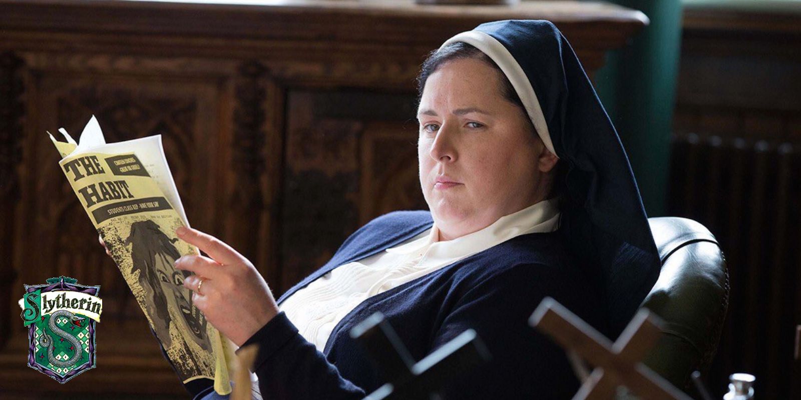 Sister Michael in Derry Girls with a Hogwarts Slytherin house crest in the lower left corner