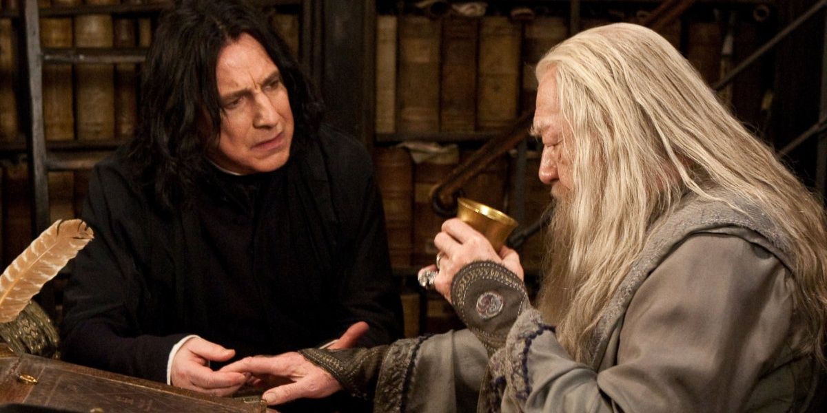 Snape and Dumbledore arguing at Dumbledore's desk in Harry Potter