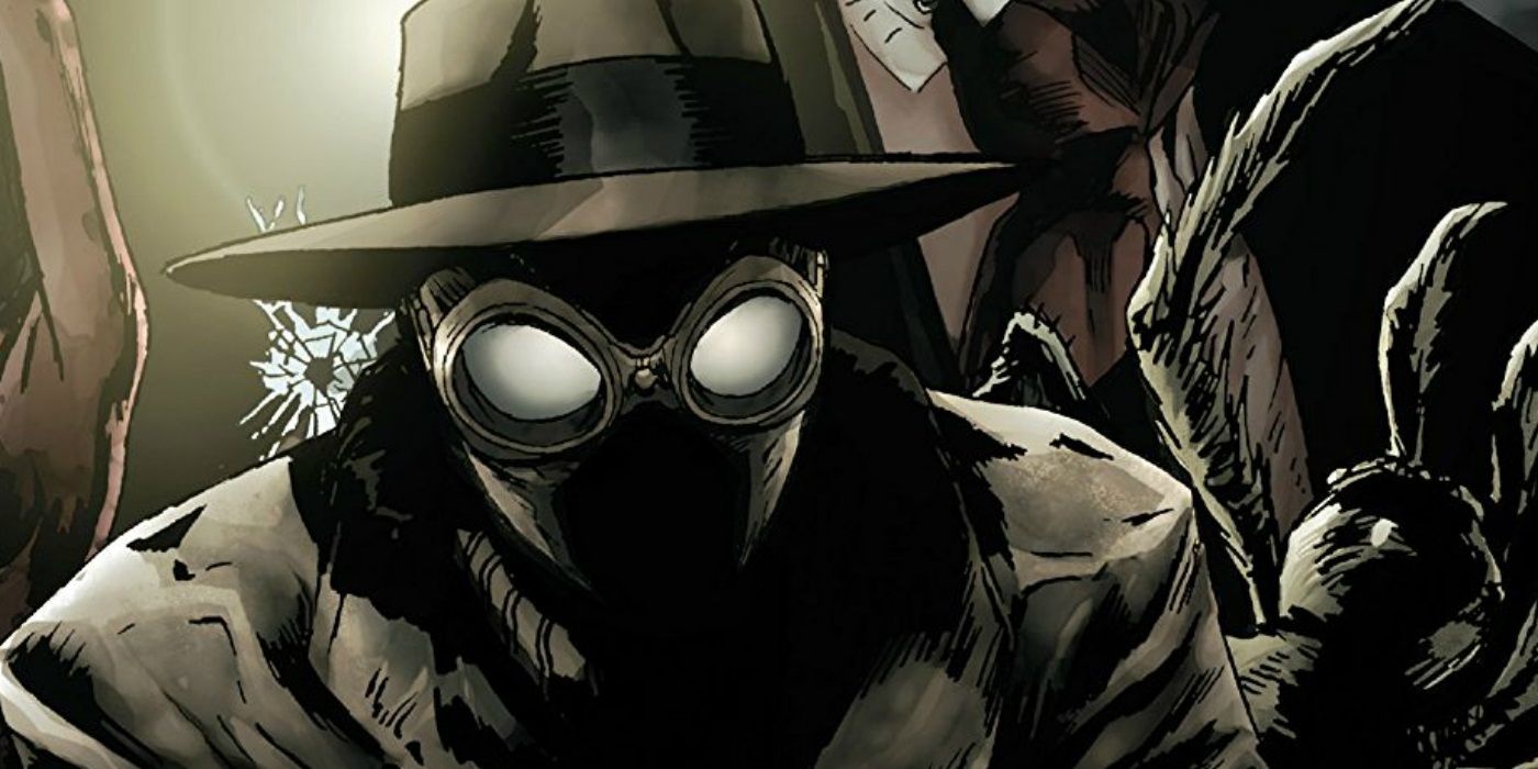 A close-up of Spider-Man Noir in his trench coat and hat.
