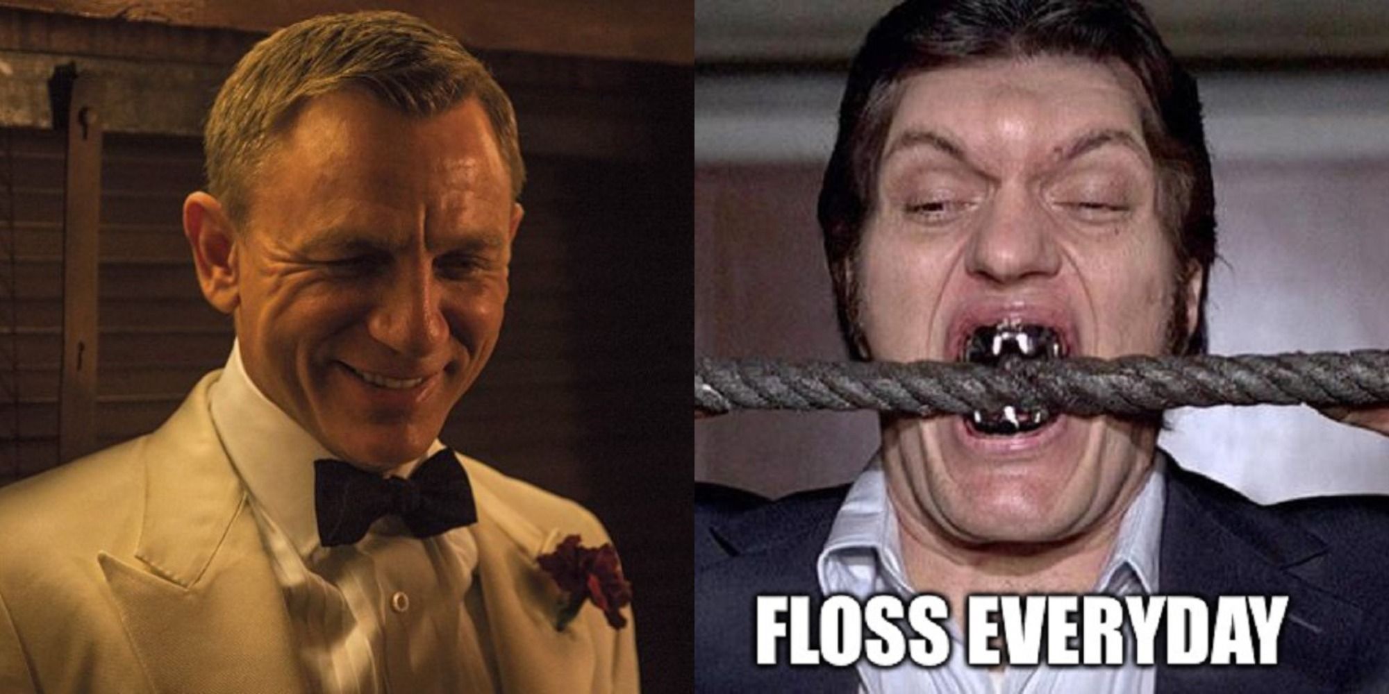 Split image of Daniel Craig as James Bond next to a Jaws meme
