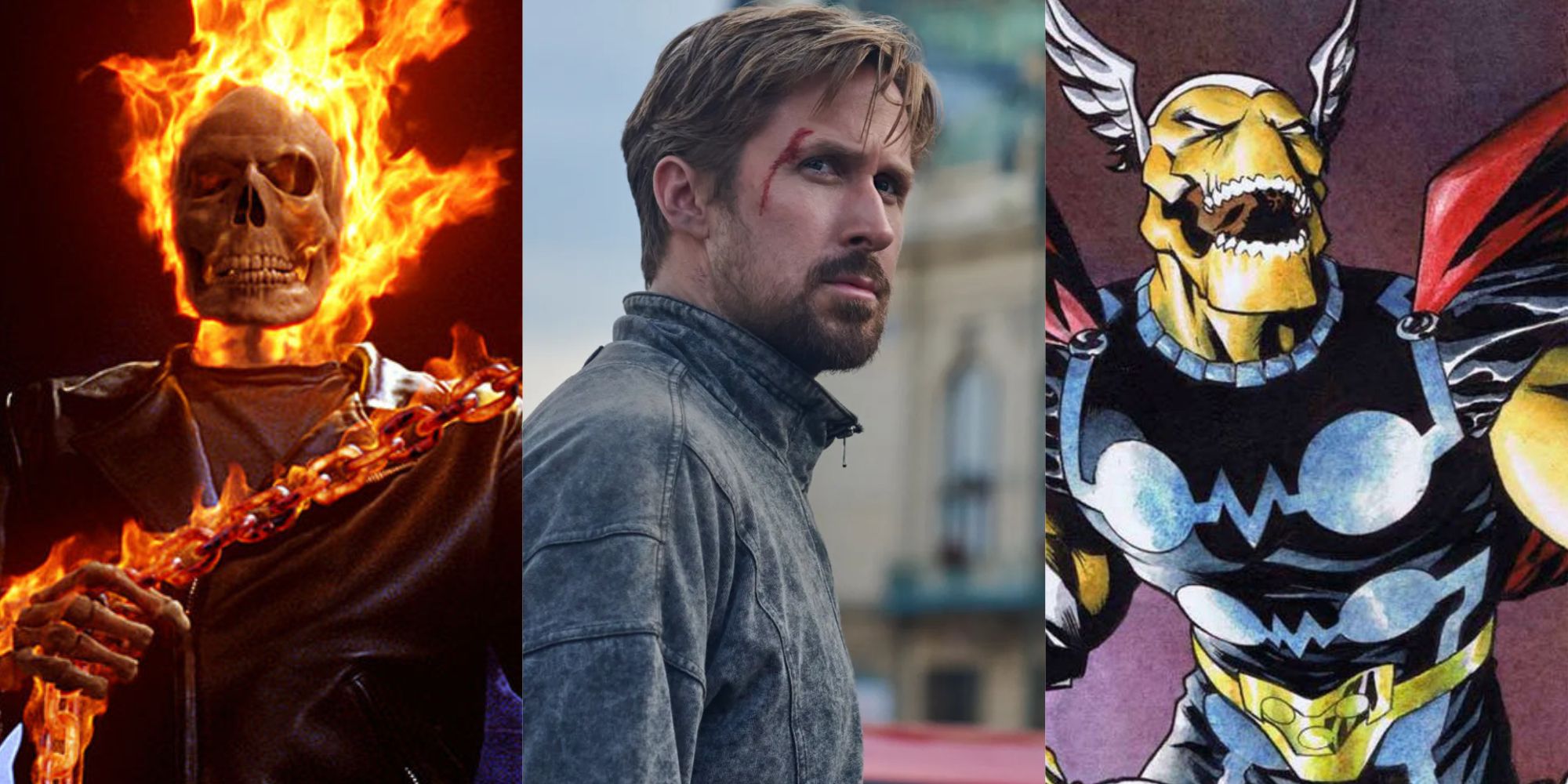 Split image of Ghost Rider, Ryan Gosling and Beta Ray Bill