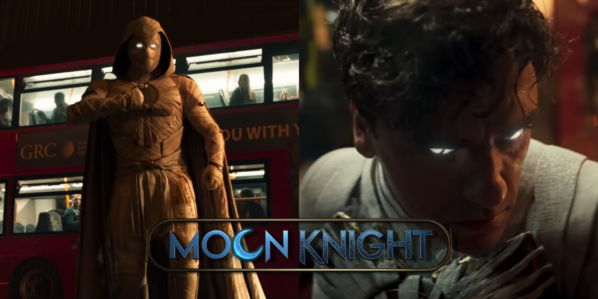 Split image of Moon Knight walking away from a bus and Marc Spector transforming into Moon Knight in the MCU