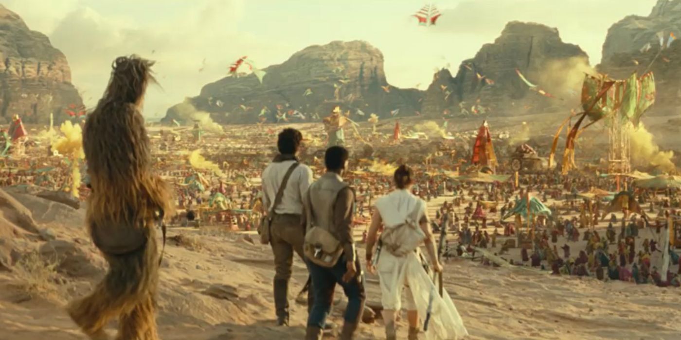 Rey, Finn, Poe, and Chewie arrive at a parade in The Rise of Skywalker