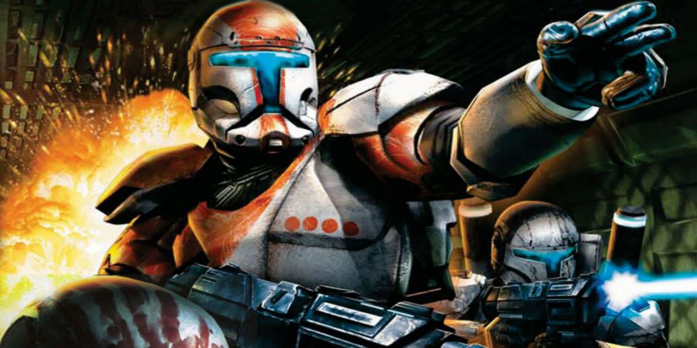 Boss, the leader of Delta Squad in Star Wars: Republic Commando, points to direct fire while an explosion goes off behind him.