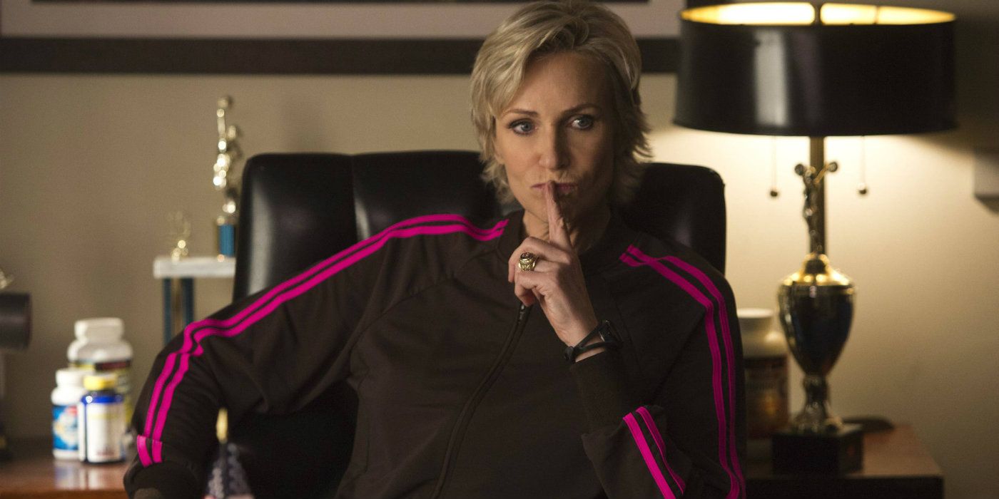 Sue looking pensive in the principal's office in Glee