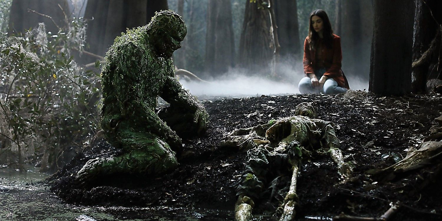 Swamp Thing and Abby Arcane with Alec Holland's corpse