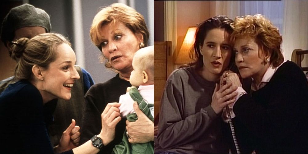 Split image of Sylvia holding the baby and with Lisa on Mad About You
