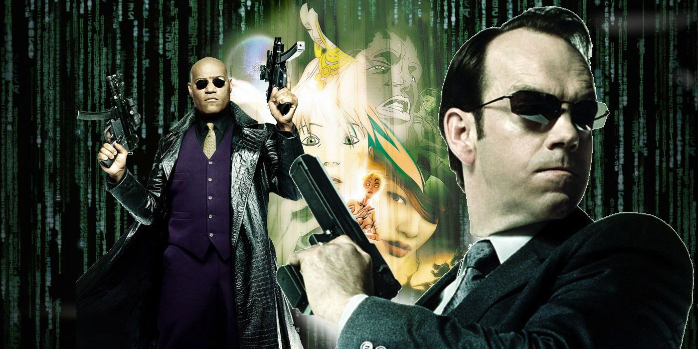 La animatriz Laurence Fishburne como Morfeo y Hugo Weaving como el Agente Smith en The Matrix
