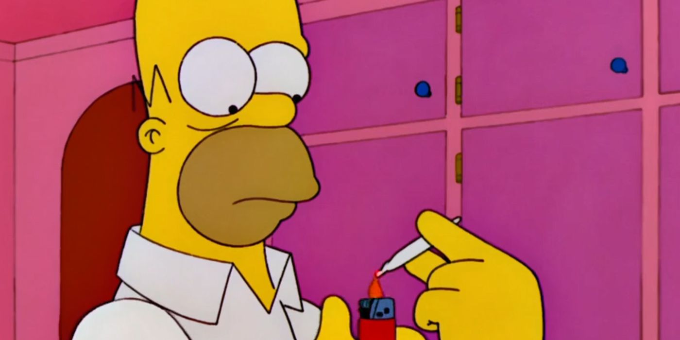 Homer looking nervous as he lights a joint in The Simpsons.