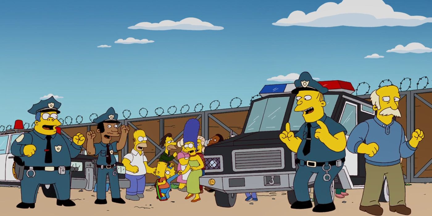 People gathering in front of a wall in The Simpsons.