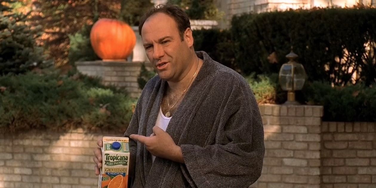 Tony Soprano holding a box of orange juice in The Sopranos