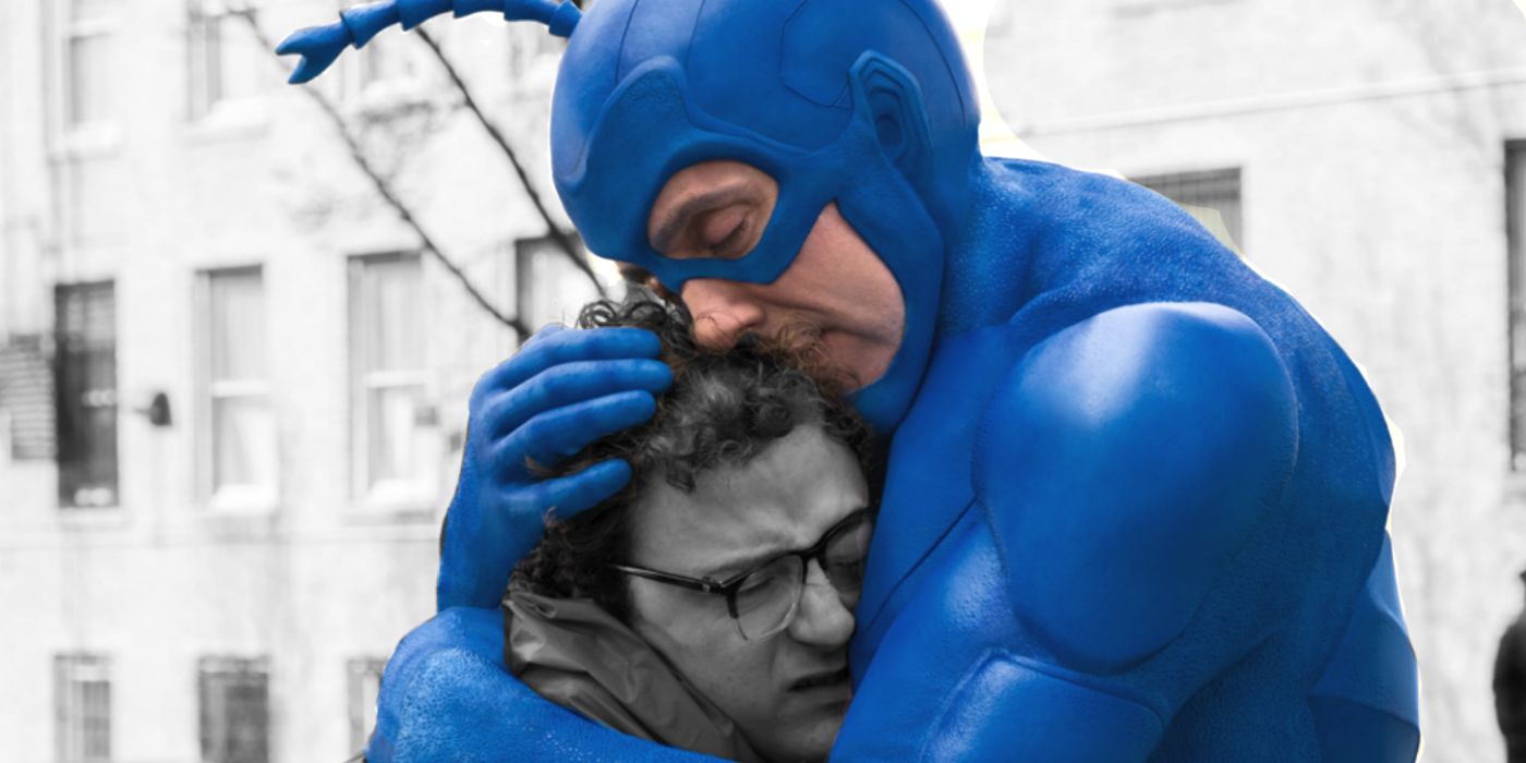 The Tick hugging his friend