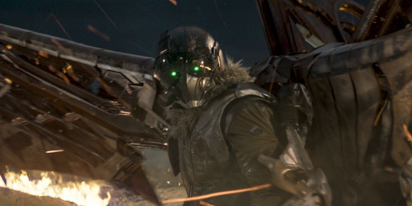 Adrian Toomes In His Vulture Suit With Flames In The Background From Spider-Man Homecoming