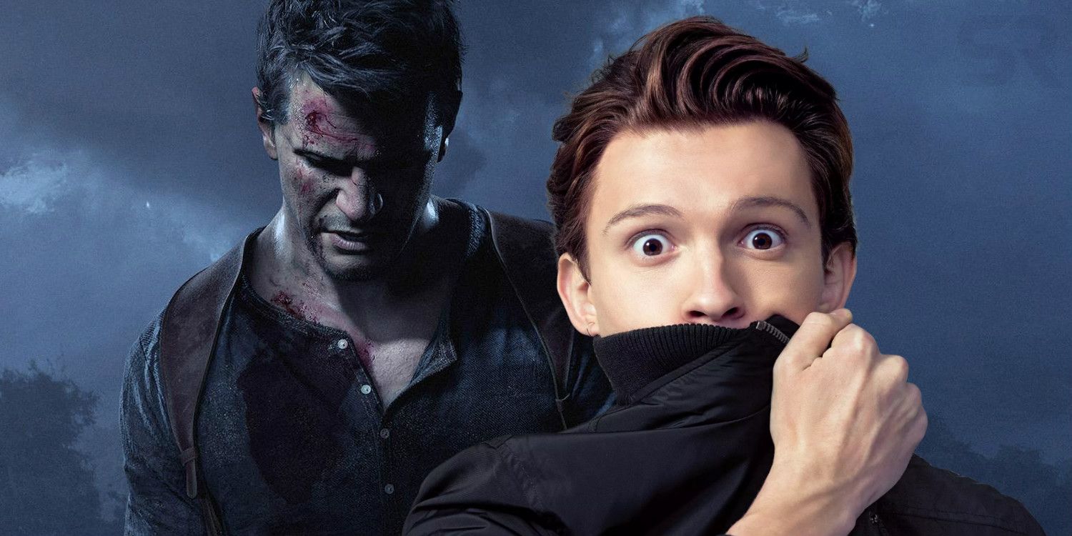 Tom Holland holding his top over his mouth in front of a picture of Nathan Drake from the Uncharted games
