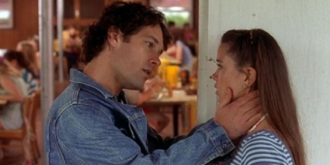 Andy and Katie embrace in Wet Hot American Summer.