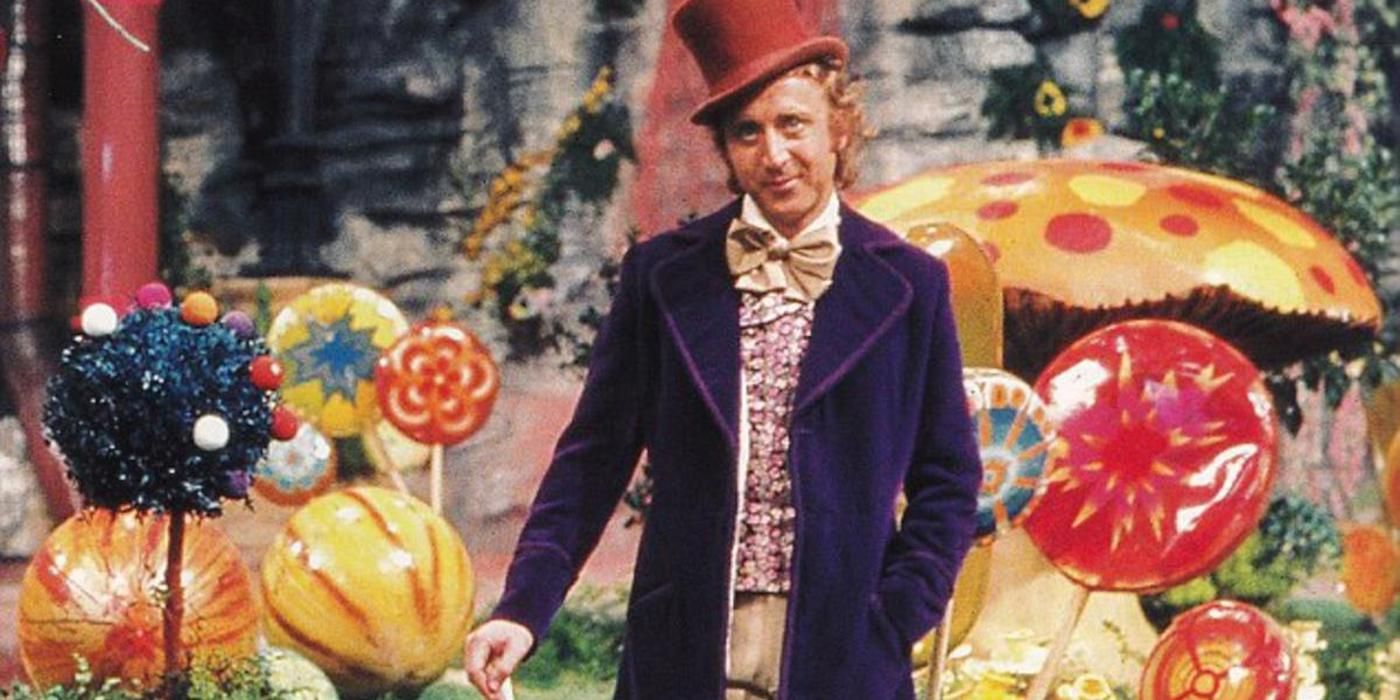 Willy Wonka in front of the candy mushrooms in Willy Wonka and the Chocolate Factory