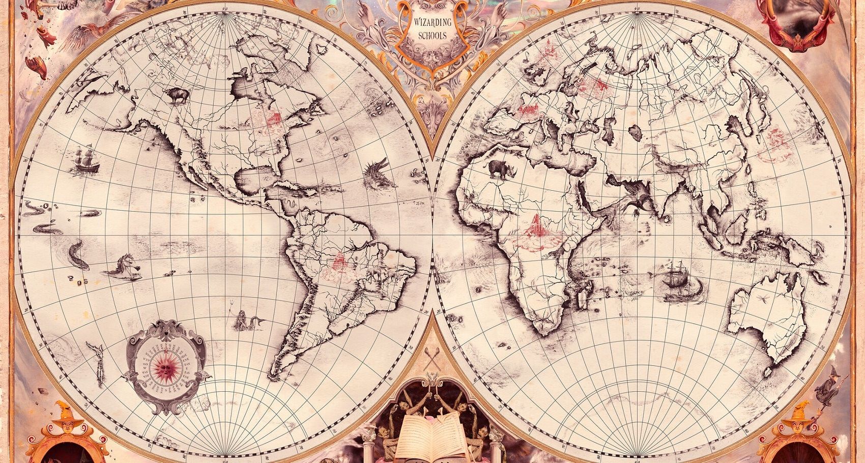 duas metades do globo desenhadas à moda antiga no fundo do legado de hogwarts destacando os locais da escola de bruxaria