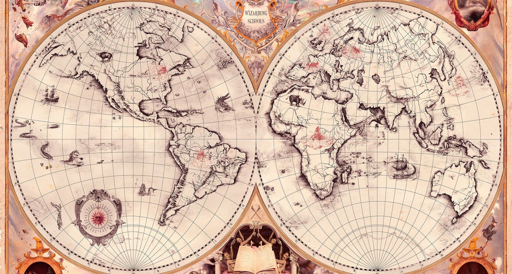 two halves of the globe drawn in an old fashioned way on hogwarts legacy background highlighting the wizarding school locations