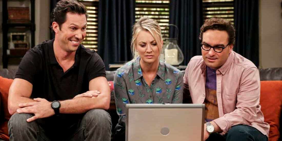 Zack, Penny, and Leonard staring at a computer on The Big Bang Theory