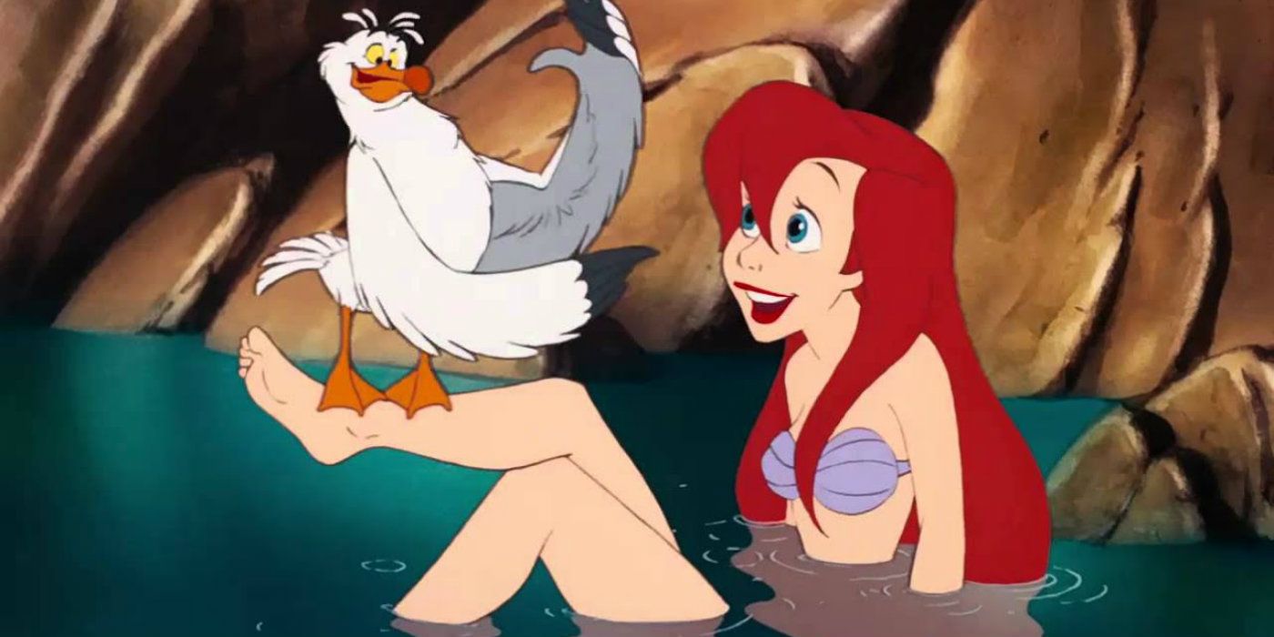 Scuttle standing on Ariel's leg in The Little Mermaid