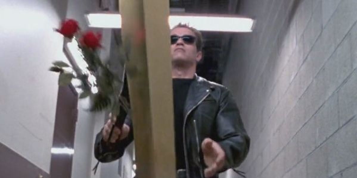 The Terminator throws roses to the ground in The Terminator.