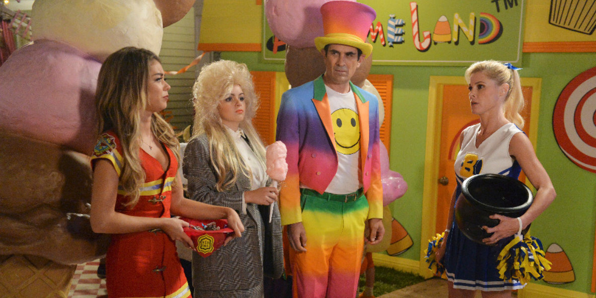A still from Awersomeland and the Modern Family characters in costume