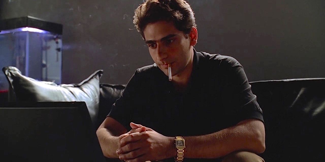 Michael Imperioli as Christopher Moltisanti smoking and looking worried in The Sopranos