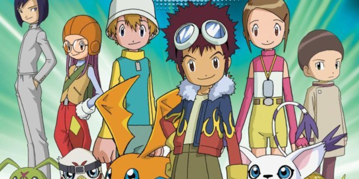 Digimon Adventure 02's cast of Digidestined standing with their Digimon against a green background.