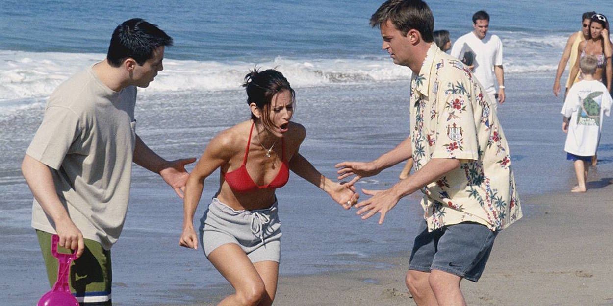 Monica gets stung by a jellyfish while she, Chandler, and Joey are at the beach in Friends