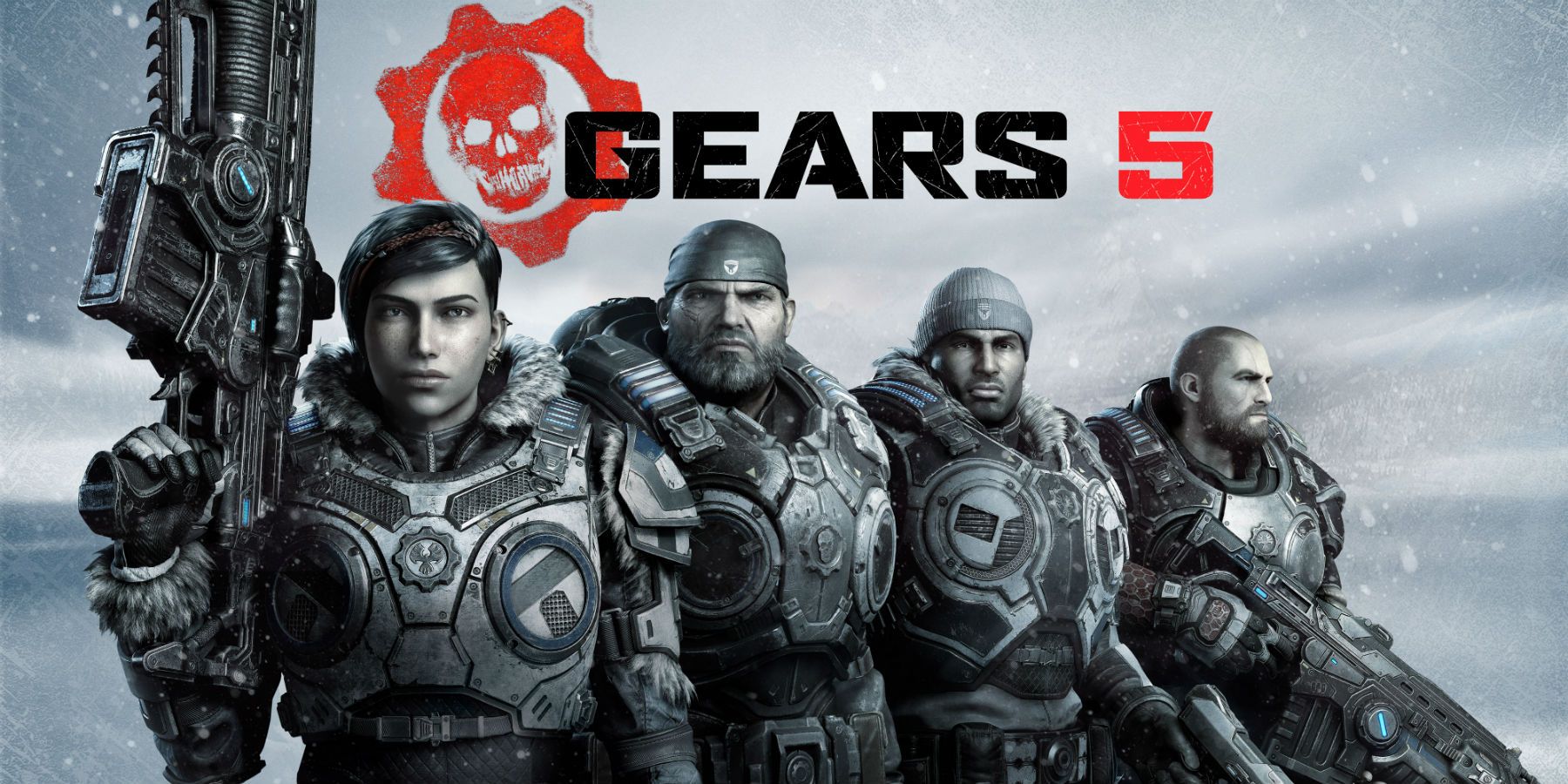 Key Art for Gears of War 5 showing the whole team in a line in front of a snowy background