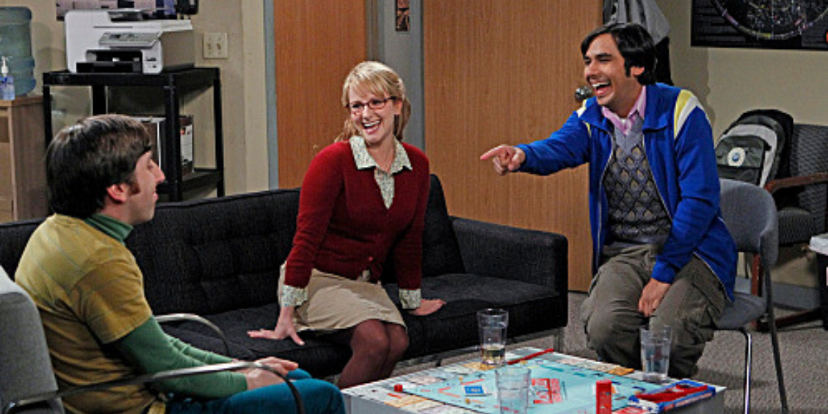 Howard, Raj and Bernadette laughing in the lab in The Big Bang Theory