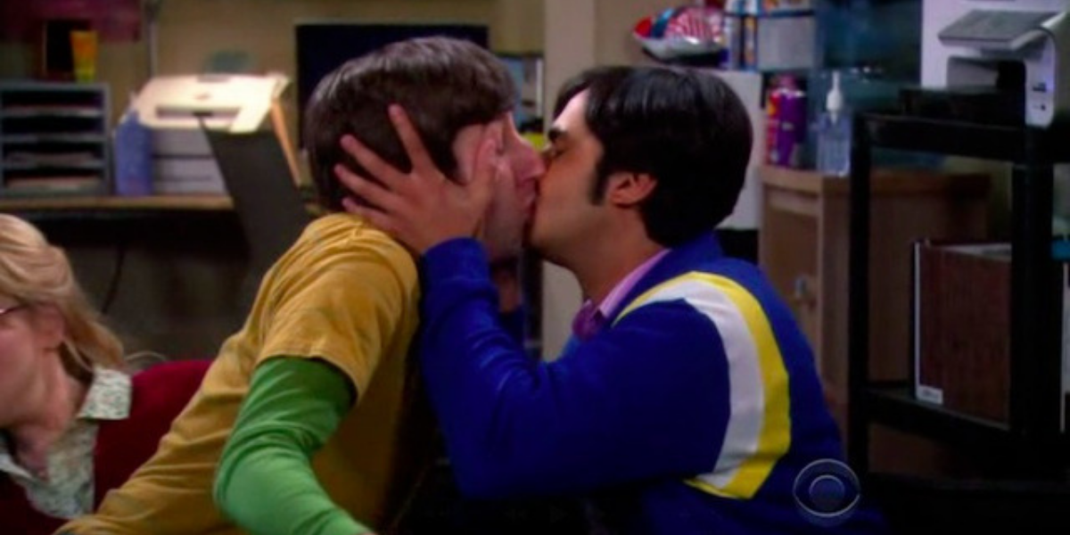 Howard and Raj kiss each other in The Big Bang Theory