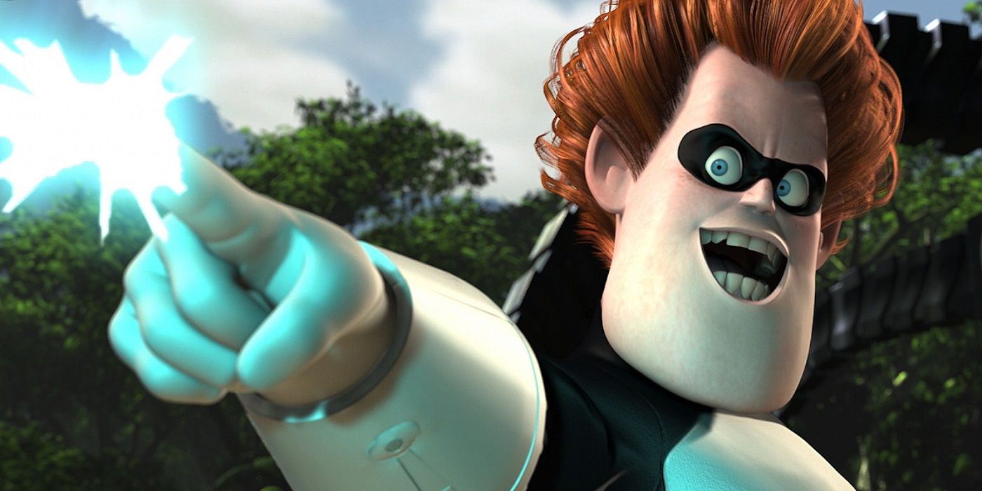 Syndrome confronts Mr. Incredible in Pixar's The Incredible's.
